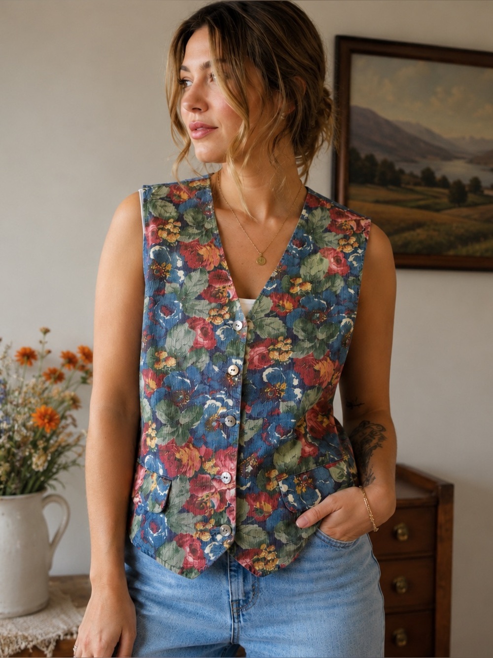 🌸✨ Vintage Lizwear Floral Tapestry Vest — Size L Cottagecore
